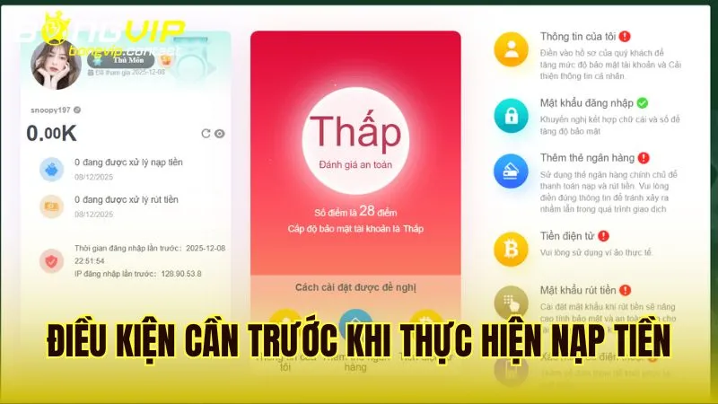 Các điều kiện cần thiết trước khi thực hiện nạp tiền Bongvip
